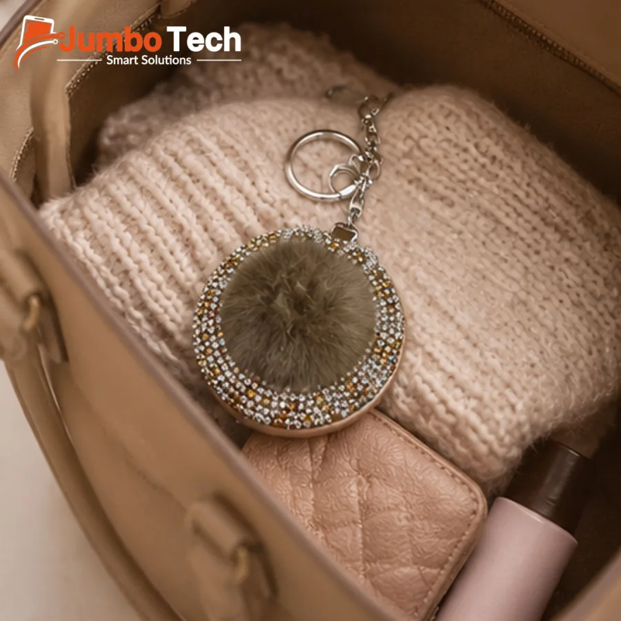 Bag Charm Keychain with Double-Sided Compact Mirror, Crystal Stones & Fluffy Pom-Pom