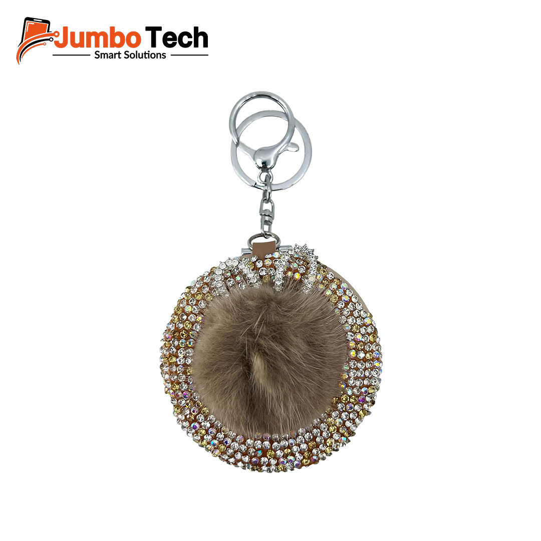 Bag Charm Keychain with Double-Sided Compact Mirror, Crystal Stones & Fluffy Pom-Pom
