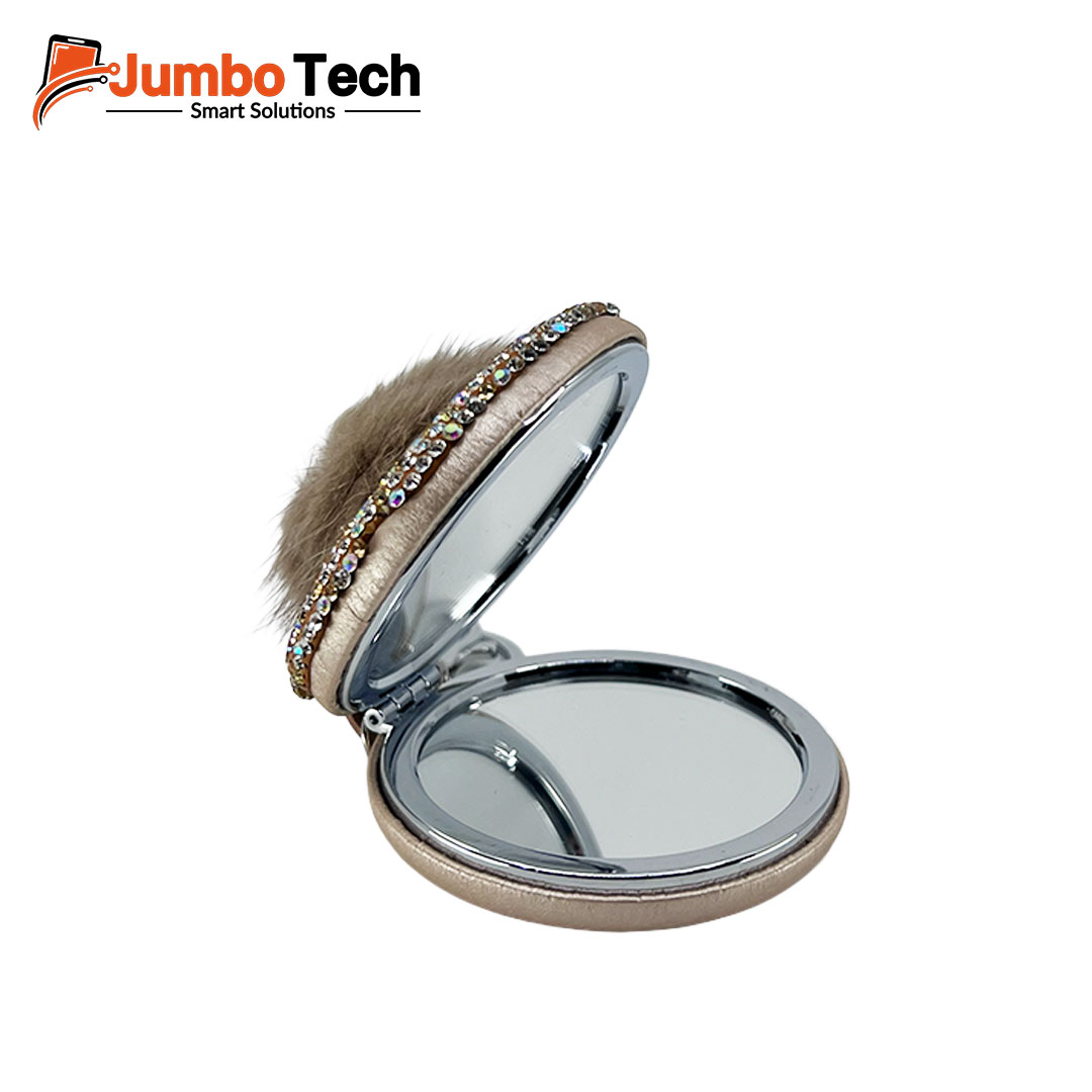 Bag Charm Keychain with Double-Sided Compact Mirror, Crystal Stones & Fluffy Pom-Pom