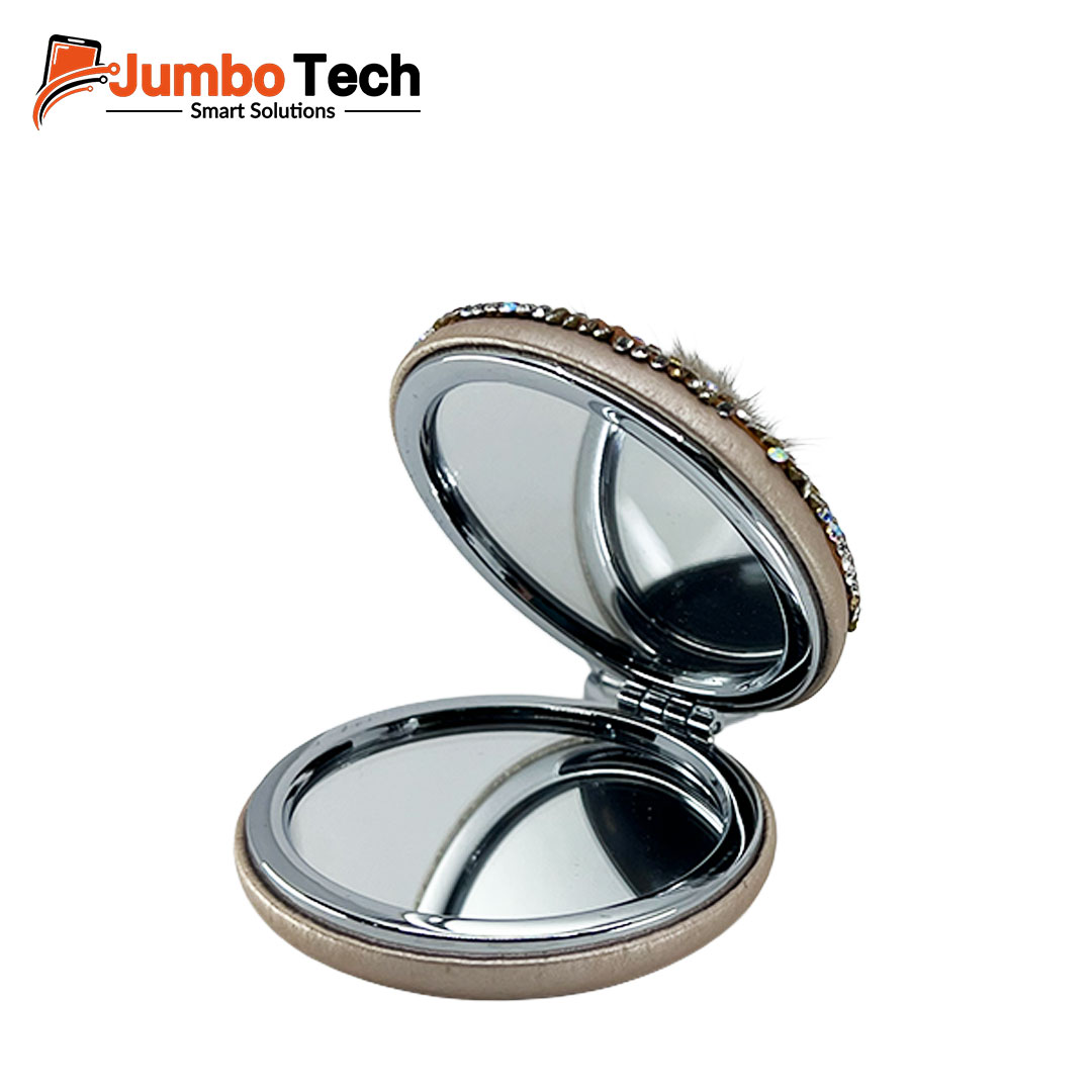 Bag Charm Keychain with Double-Sided Compact Mirror, Crystal Stones & Fluffy Pom-Pom