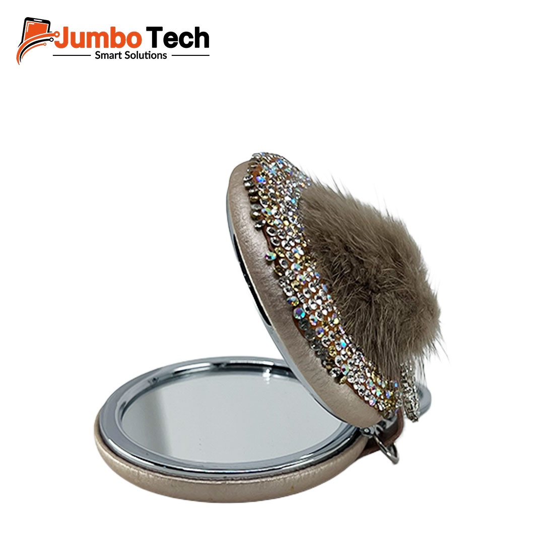Bag Charm Keychain with Double-Sided Compact Mirror, Crystal Stones & Fluffy Pom-Pom