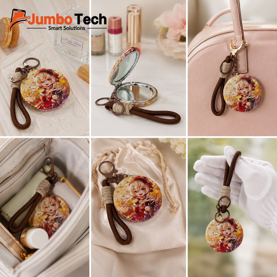 Anime Bag Charm Keychain with Compact Mirror & Braided Rope Strap