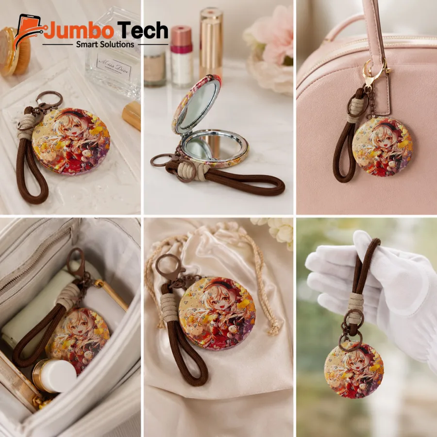 Anime Bag Charm Keychain with Compact Mirror & Braided Rope Strap