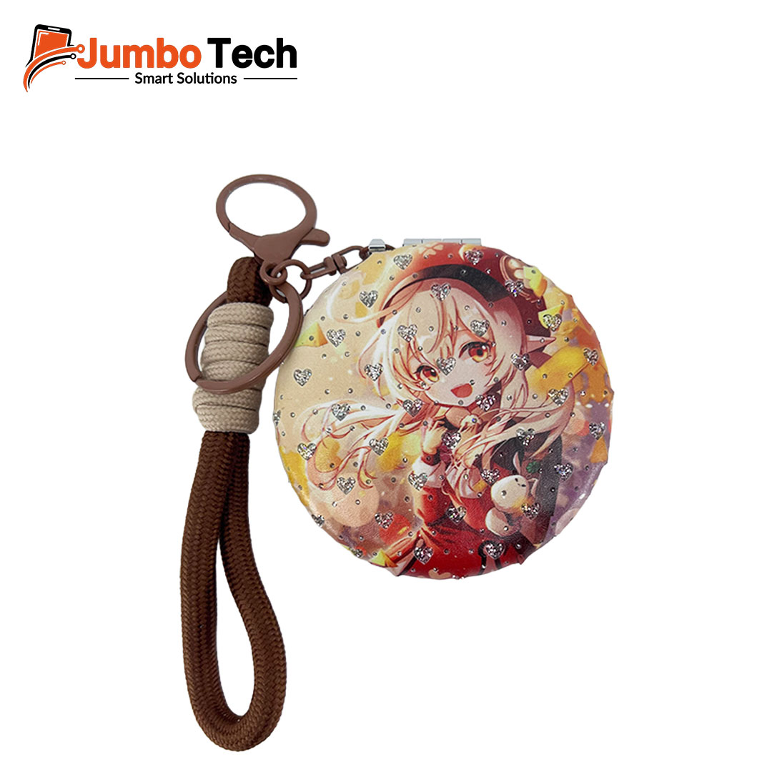 Anime Bag Charm Keychain with Compact Mirror & Braided Rope Strap