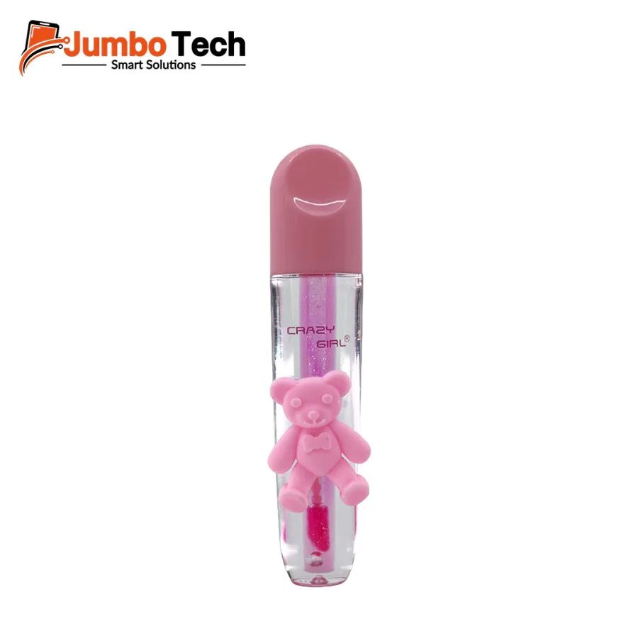 Crazy Girl Bear Charm Lip Gloss - Sheer Pink Glitter Finish