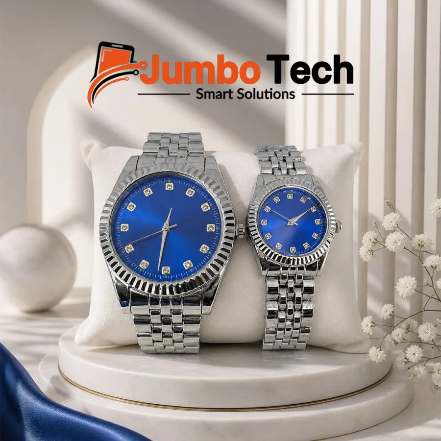 Rosra Quartz Couple Watch Set - Stainless Steel with Crystal Dial Markers