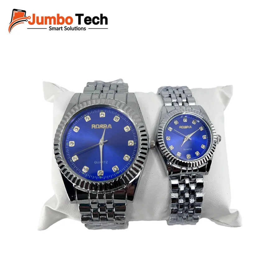 Rosra Quartz Couple Watch Set - Stainless Steel with Crystal Dial Markers