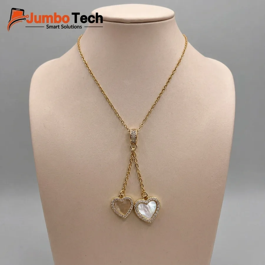 Double Heart Pendant Necklace with Zircon & Shell - Gold Plated Stainless Steel