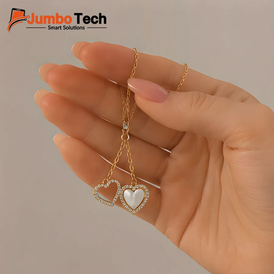Double Heart Pendant Necklace with Zircon & Shell - Gold Plated Stainless Steel