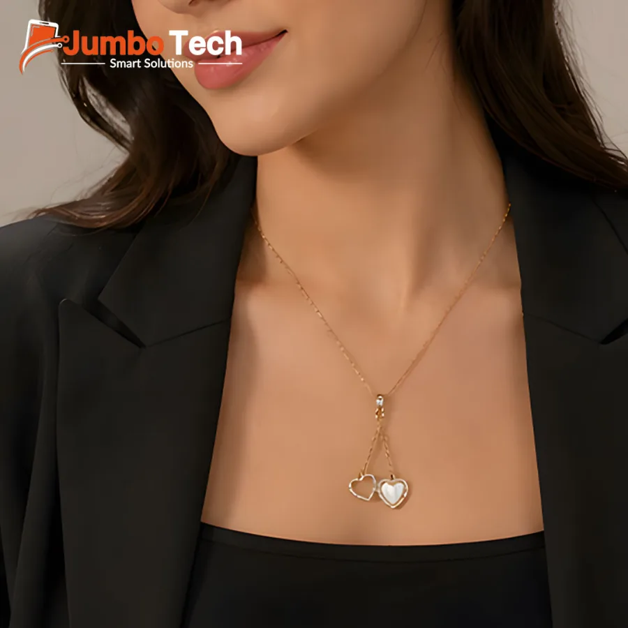 Double Heart Pendant Necklace with Zircon & Shell - Gold Plated Stainless Steel