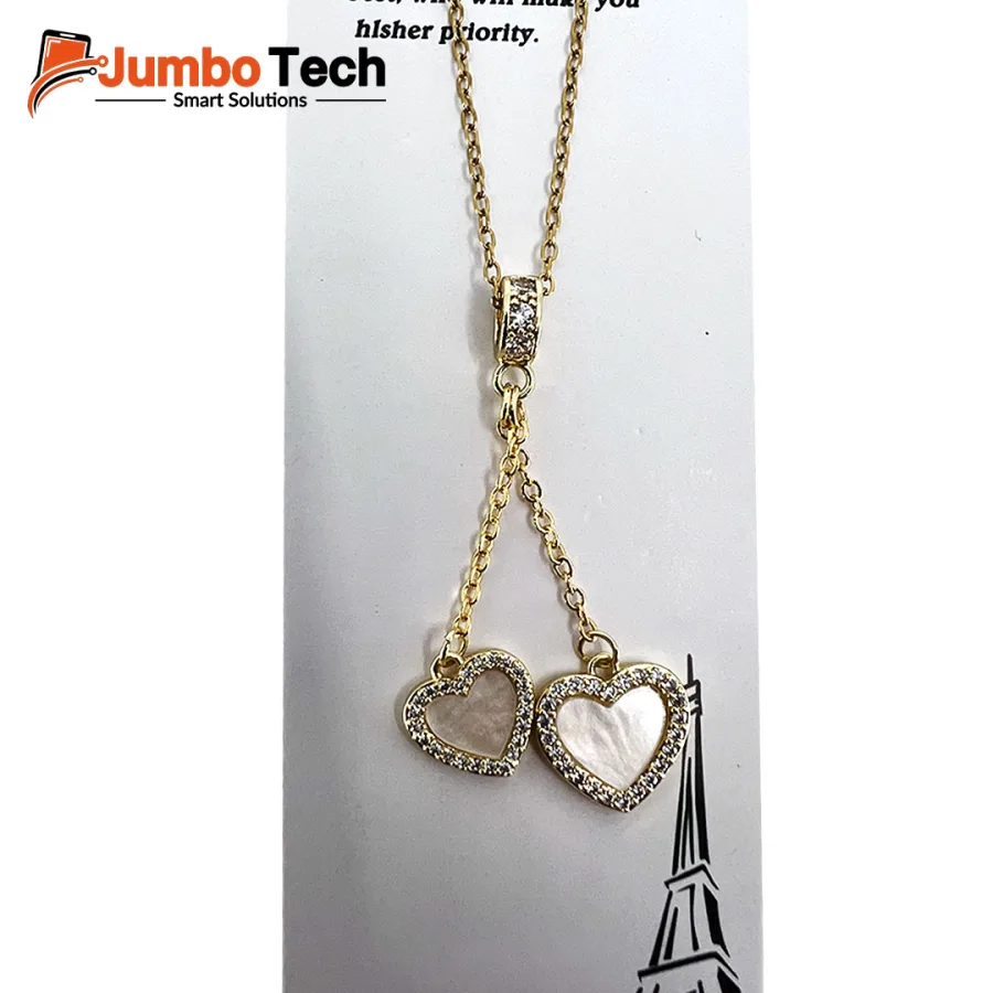 Double Heart Pendant Necklace with Zircon & Shell - Gold Plated Stainless Steel