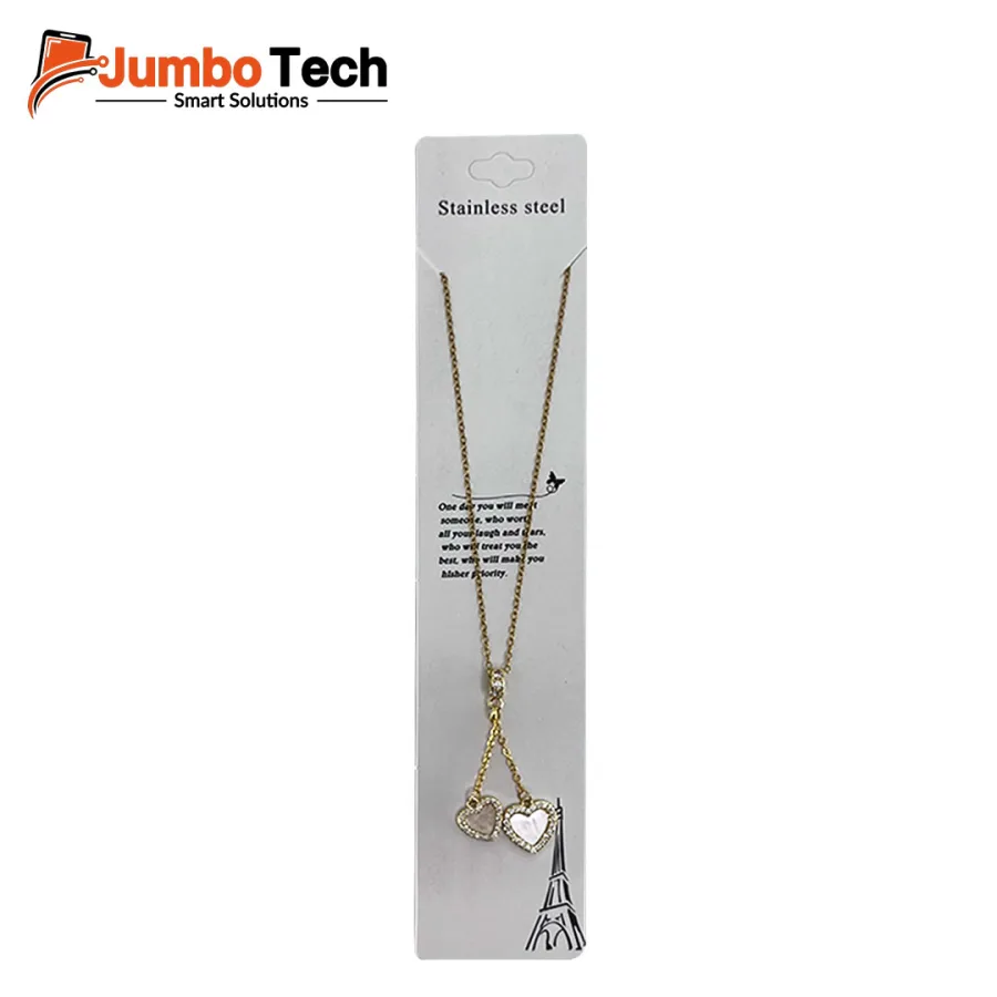 Double Heart Pendant Necklace with Zircon & Shell - Gold Plated Stainless Steel