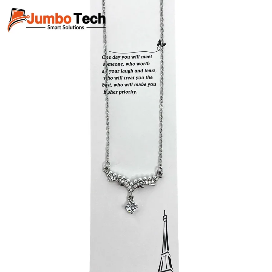 Silver Crown Zircon Necklace with Drop Pendant - Stainless Steel