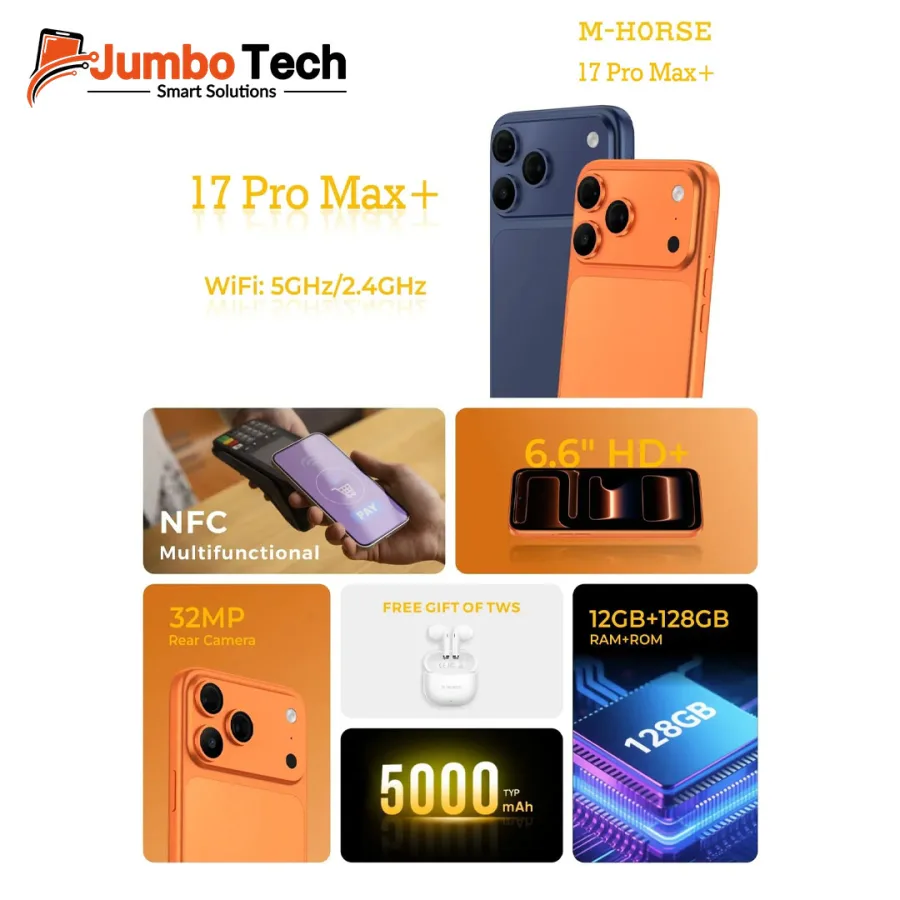 موبايل إم-هورس 17 Pro Max+ بشاشة 6.6 بوصة وكاميرا 32MP وNFC وذاكرة 12GB+128GB