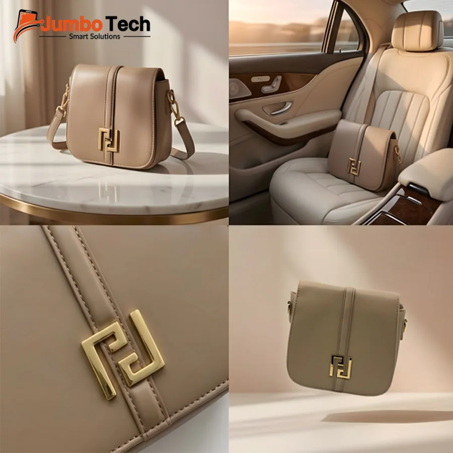 Saddle-Shaped Crossbody Leather Bag with Geometric Gold Hardware Accent