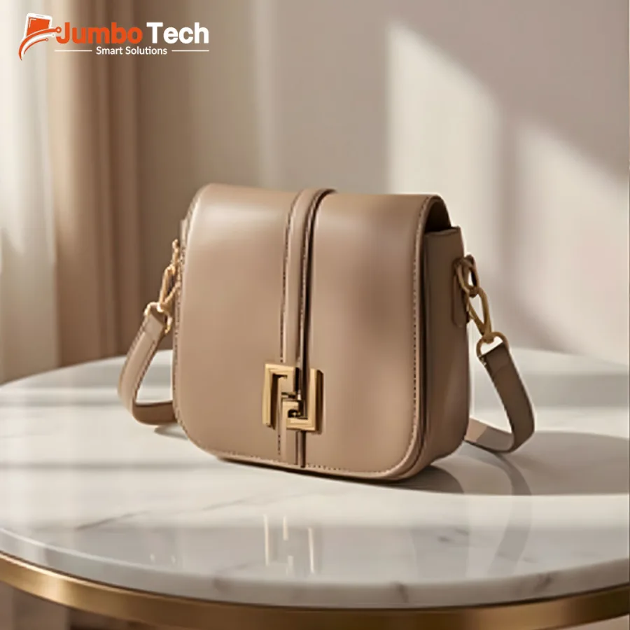 Saddle-Shaped Crossbody Leather Bag with Geometric Gold Hardware Accent