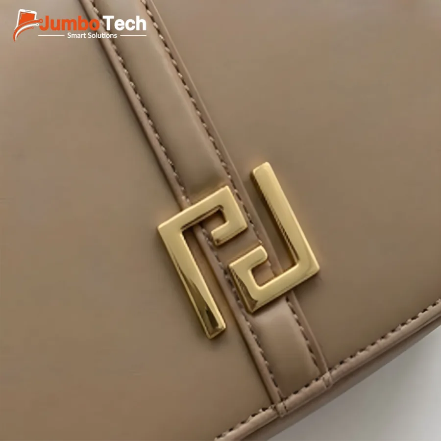 Saddle-Shaped Crossbody Leather Bag with Geometric Gold Hardware Accent