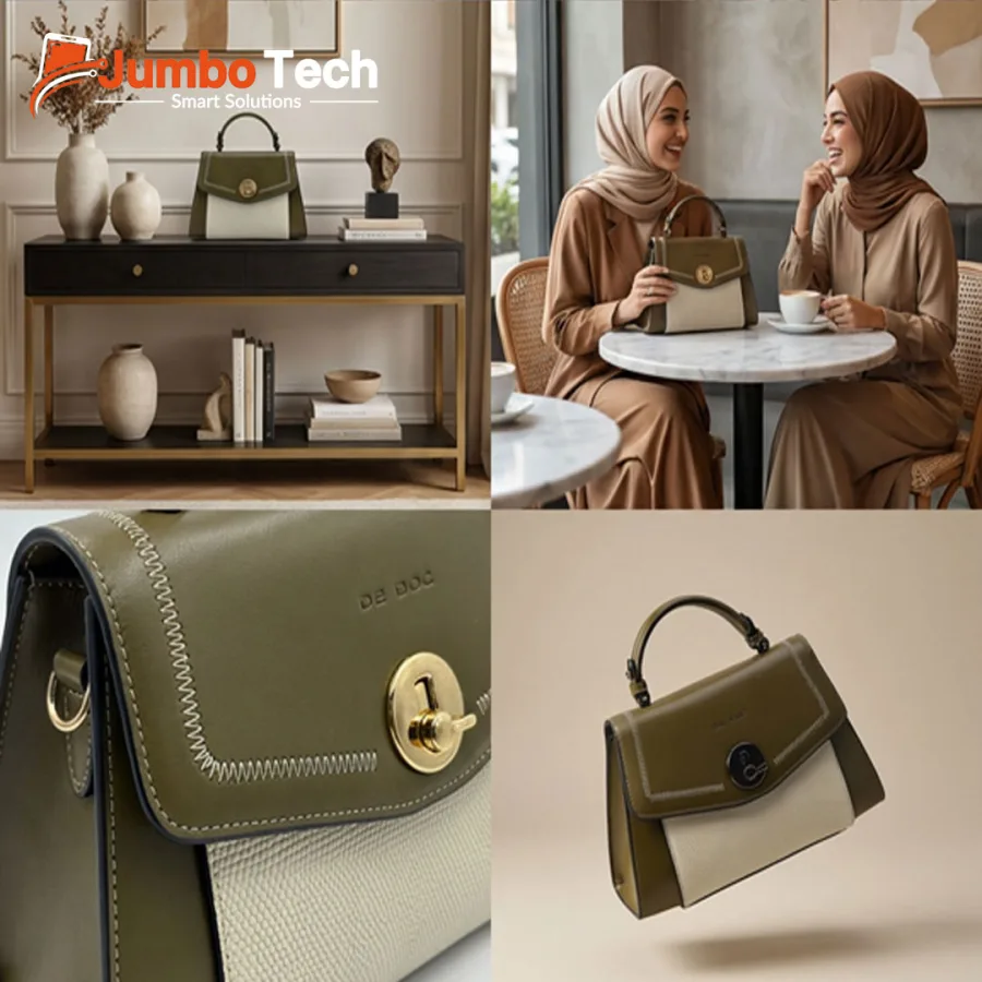 طقم شنطة يد نسائية BS Bag جلد بقفل دائري دوّار مع باوتش بنقشة جلد الثعبان (قطعتين)