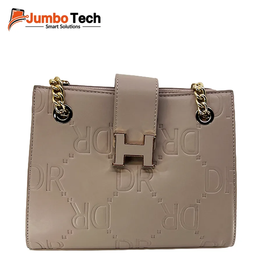 DR Women's Embossed Leather Shoulder Bag with H Buckle Accent & Gold Chain Straps