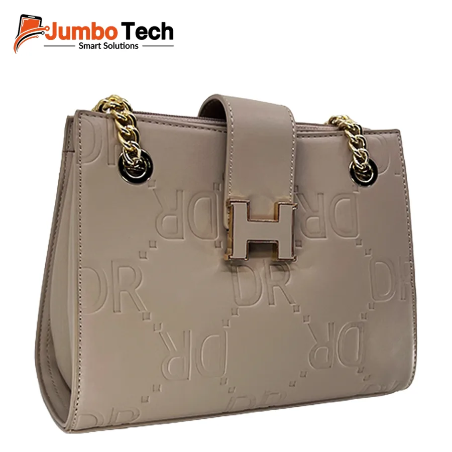 DR Women's Embossed Leather Shoulder Bag with H Buckle Accent & Gold Chain Straps