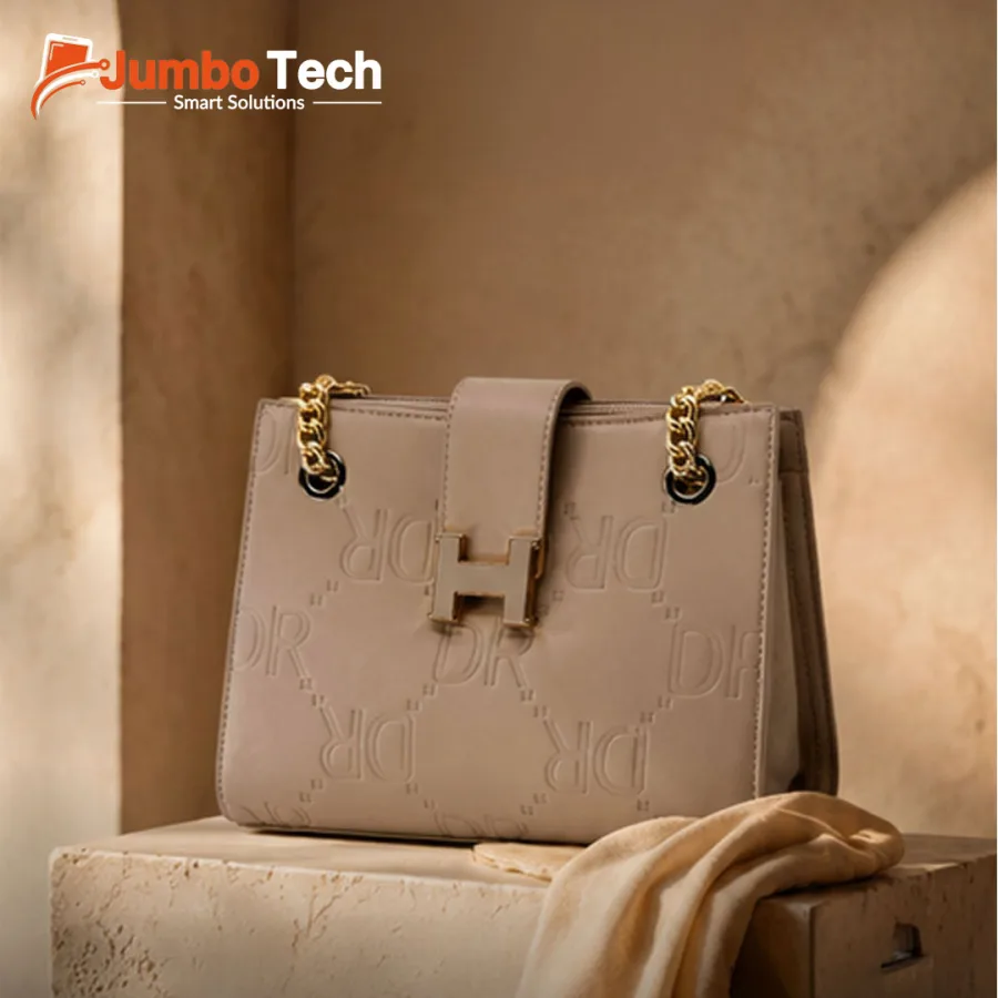 DR Women's Embossed Leather Shoulder Bag with H Buckle Accent & Gold Chain Straps