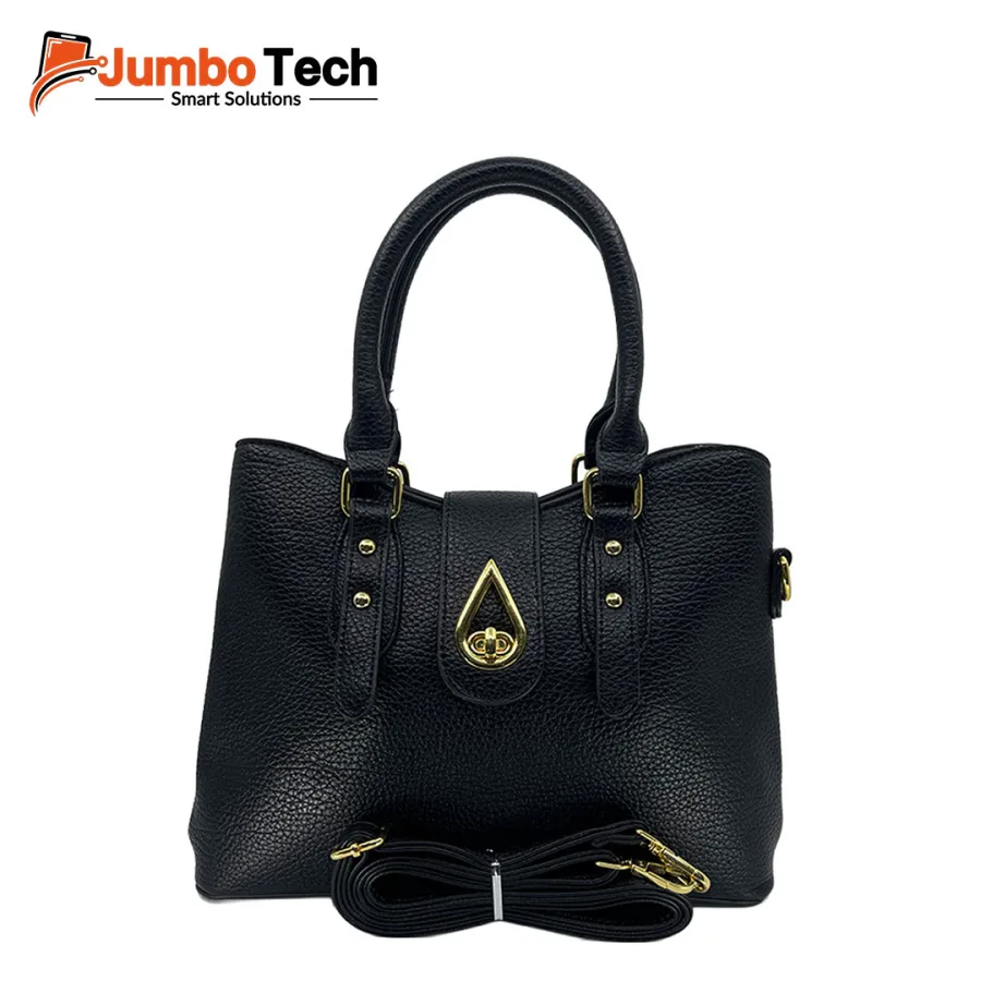 Women's Pebbled Leather Handbag with Gold Teardrop Twist Lock, Double Handles & Crossbody Strap