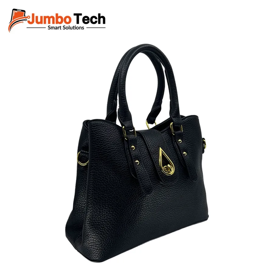 Women's Pebbled Leather Handbag with Gold Teardrop Twist Lock, Double Handles & Crossbody Strap