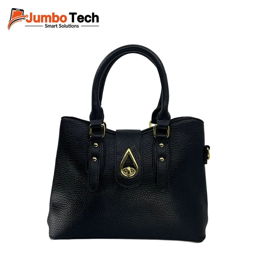 Women's Pebbled Leather Handbag with Gold Teardrop Twist Lock, Double Handles & Crossbody Strap