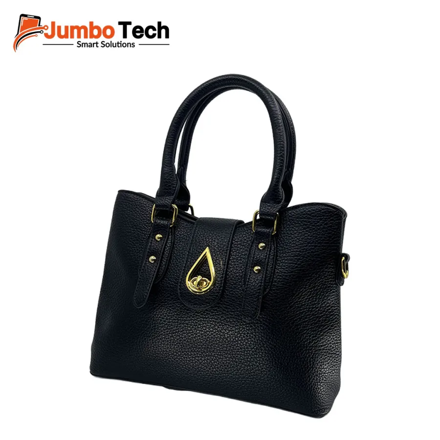 Women's Pebbled Leather Handbag with Gold Teardrop Twist Lock, Double Handles & Crossbody Strap