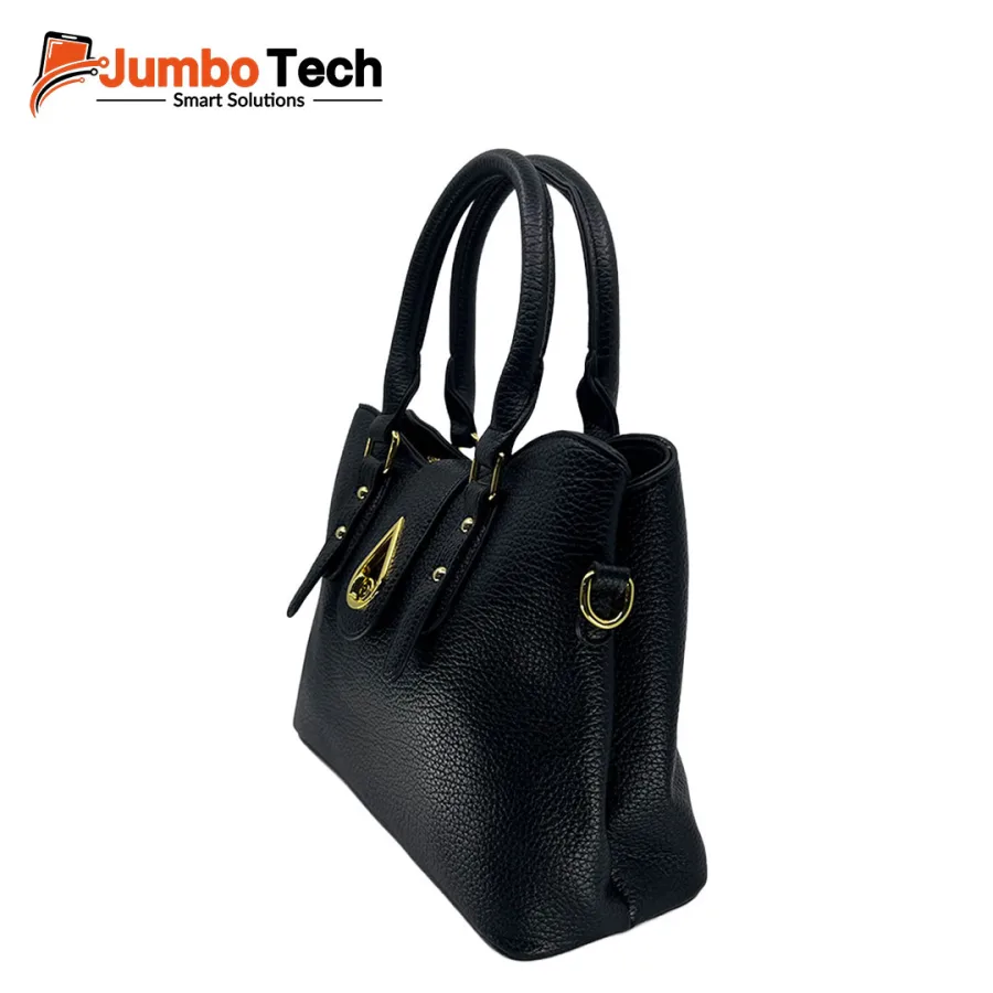 Women's Pebbled Leather Handbag with Gold Teardrop Twist Lock, Double Handles & Crossbody Strap