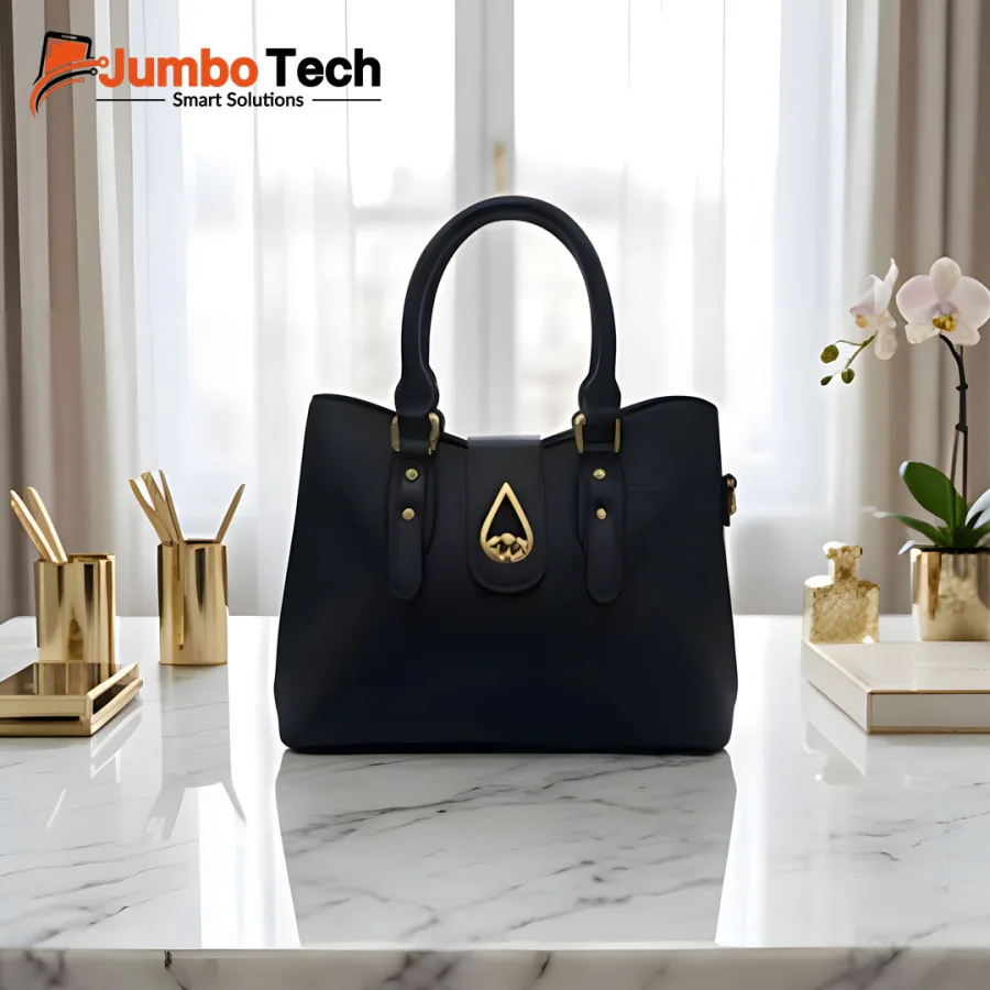 Women's Pebbled Leather Handbag with Gold Teardrop Twist Lock, Double Handles & Crossbody Strap