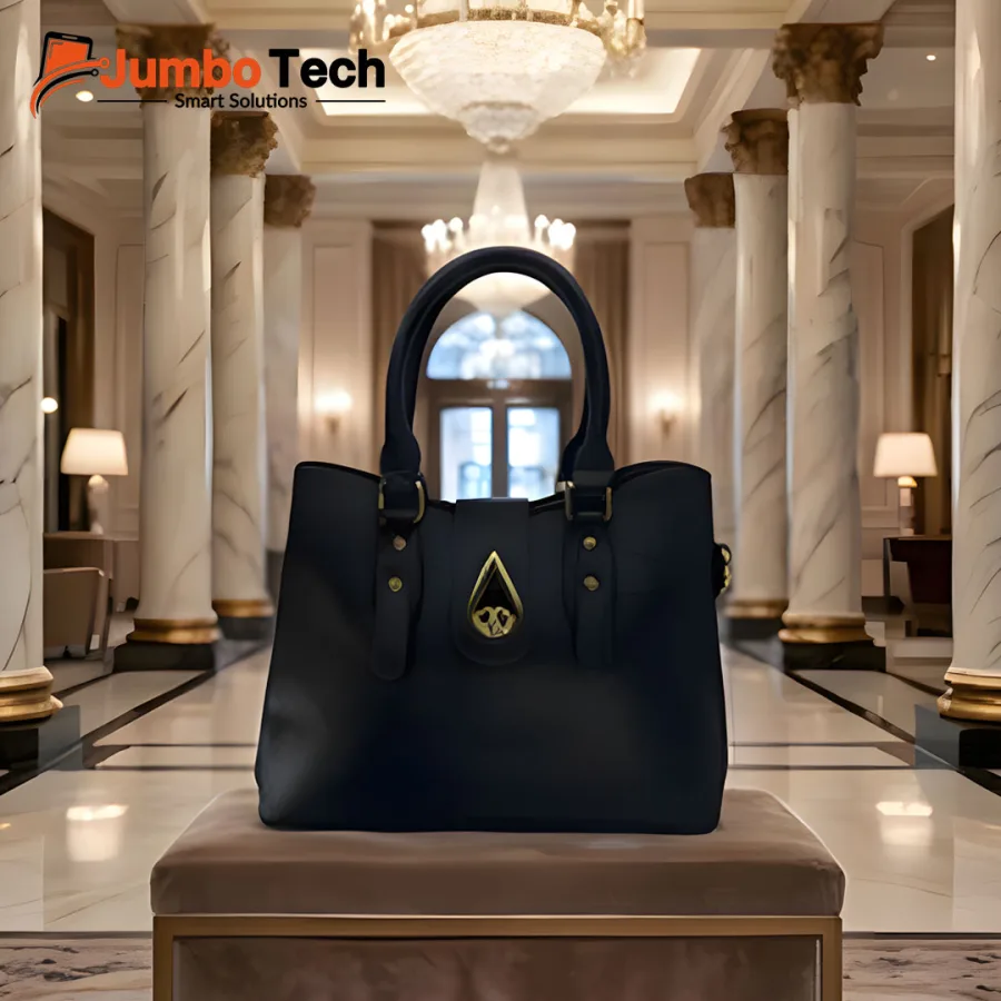 Women's Pebbled Leather Handbag with Gold Teardrop Twist Lock, Double Handles & Crossbody Strap