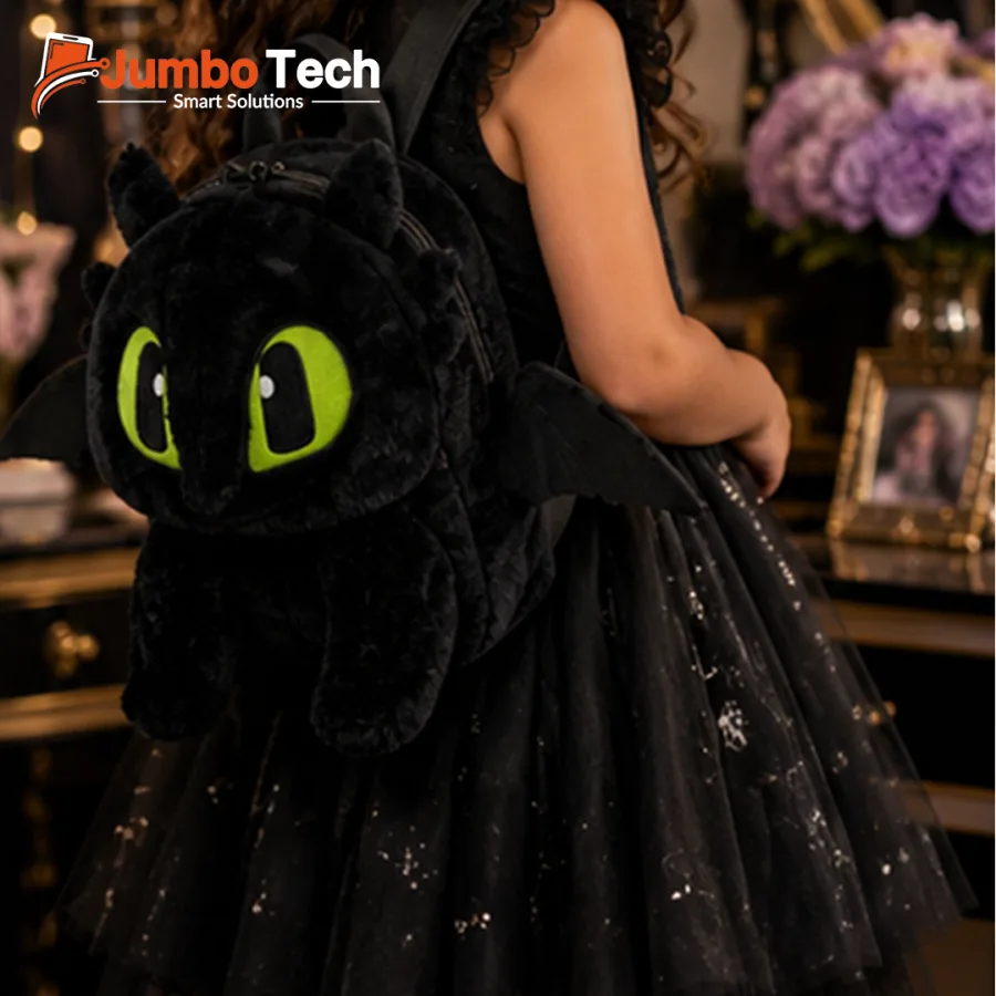 Kids' Plush Black Dragon Backpack with Wings & Green Eyes