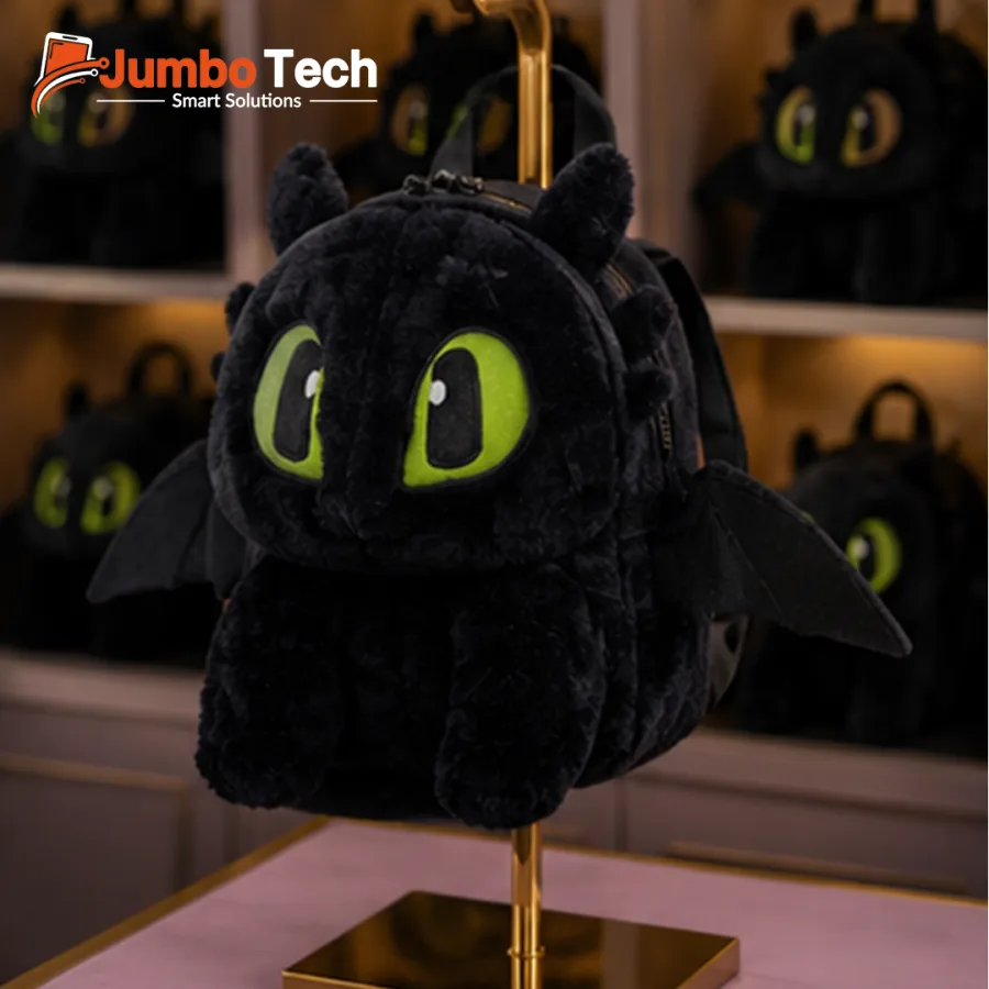 Kids' Plush Black Dragon Backpack with Wings & Green Eyes