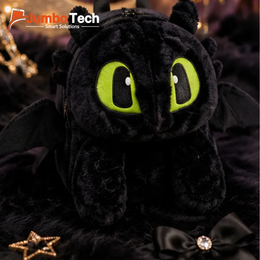 Kids' Plush Black Dragon Backpack with Wings & Green Eyes