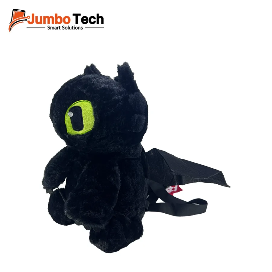 Kids' Plush Black Dragon Backpack with Wings & Green Eyes