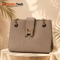DR Women's Embossed Leather Shoulder Bag with H Buckle Accent & Gold Chain Straps