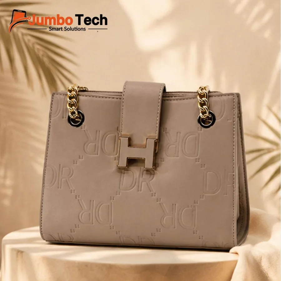 DR Women's Embossed Leather Shoulder Bag with H Buckle Accent & Gold Chain Straps