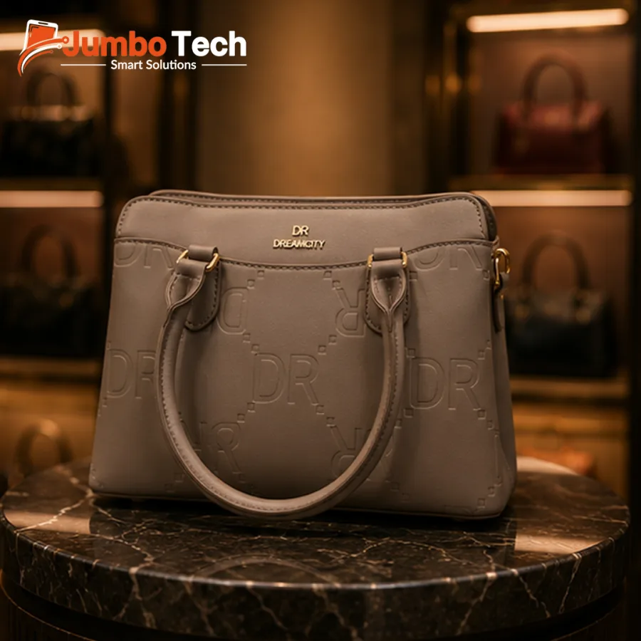 DR Dream City Women's Leather Handbag with Embossed Logo Pattern, Gold Emblem & Double Handles