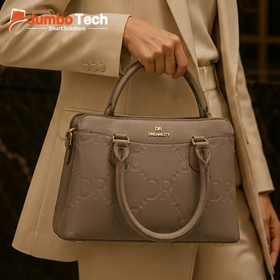 DR Dream City Women's Leather Handbag with Embossed Logo Pattern, Gold Emblem & Double Handles
