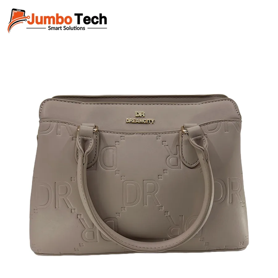DR Dream City Women's Leather Handbag with Embossed Logo Pattern, Gold Emblem & Double Handles