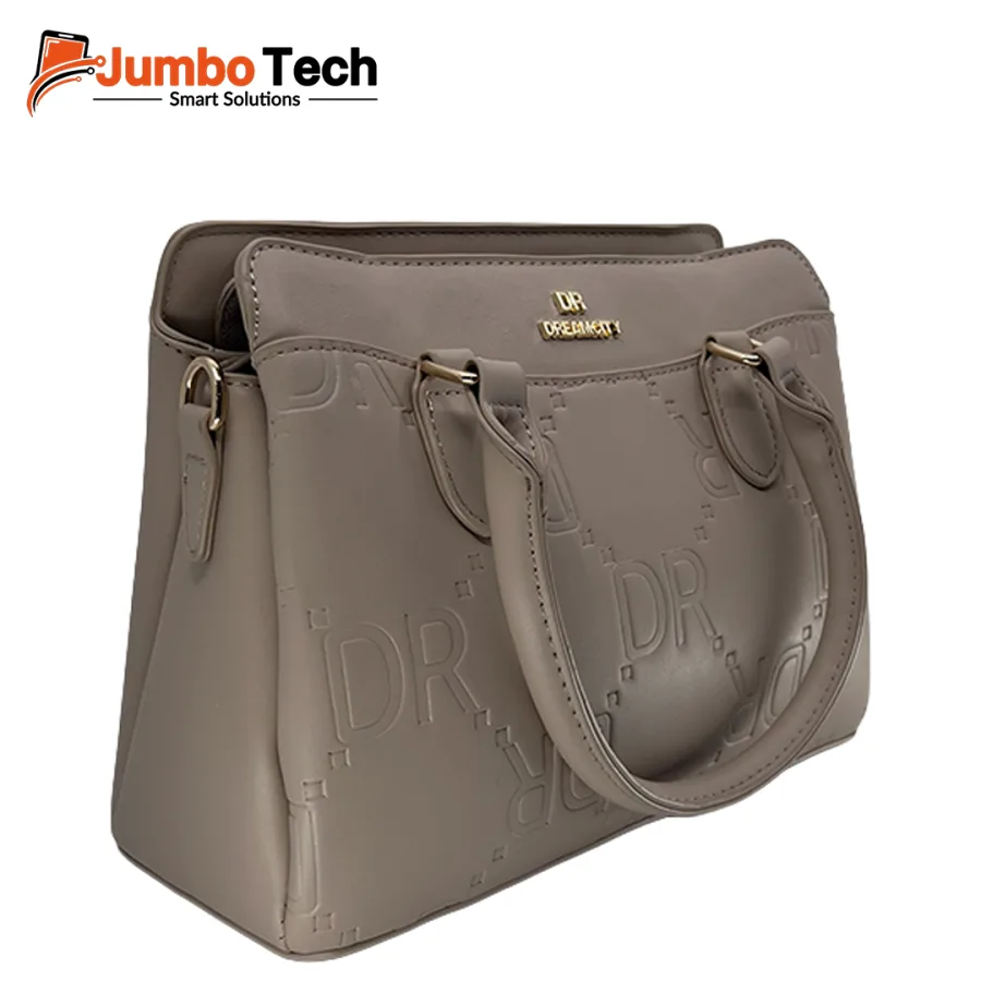 DR Dream City Women's Leather Handbag with Embossed Logo Pattern, Gold Emblem & Double Handles
