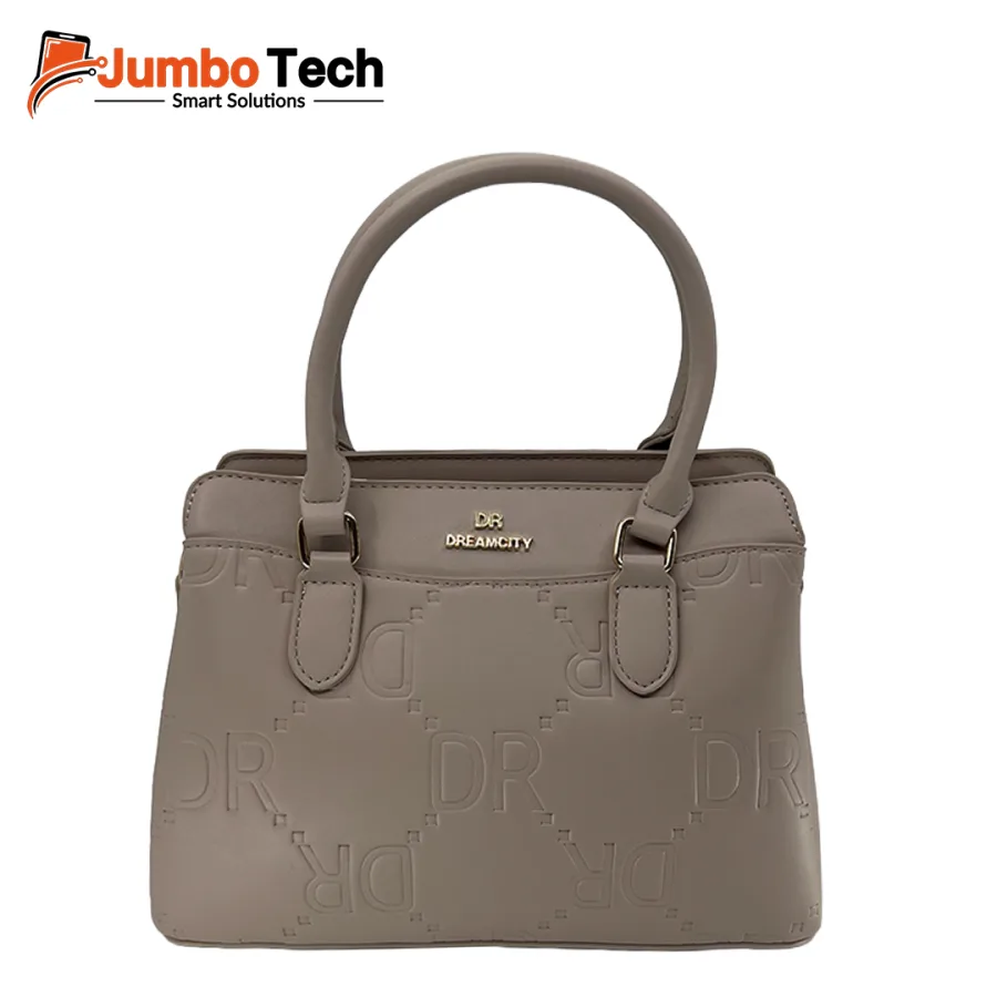 DR Dream City Women's Leather Handbag with Embossed Logo Pattern, Gold Emblem & Double Handles