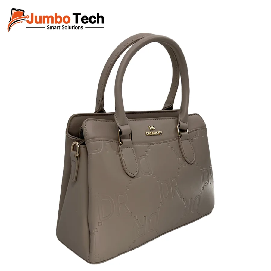 DR Dream City Women's Leather Handbag with Embossed Logo Pattern, Gold Emblem & Double Handles